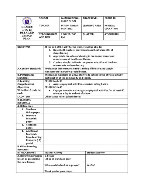 detailed lesson plan in cheerdance
